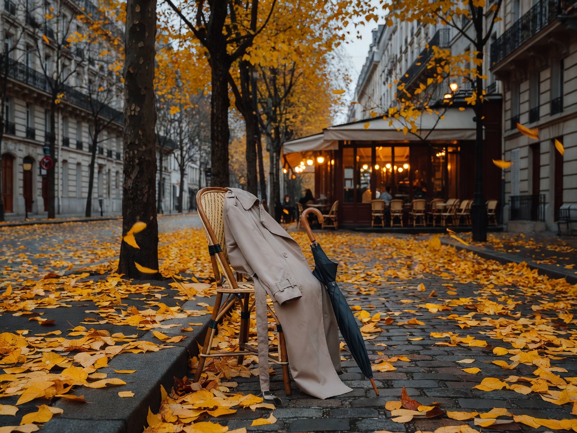 A light coat and folded umbrella resting on a café chair on a French street lined with trees losing their leaves