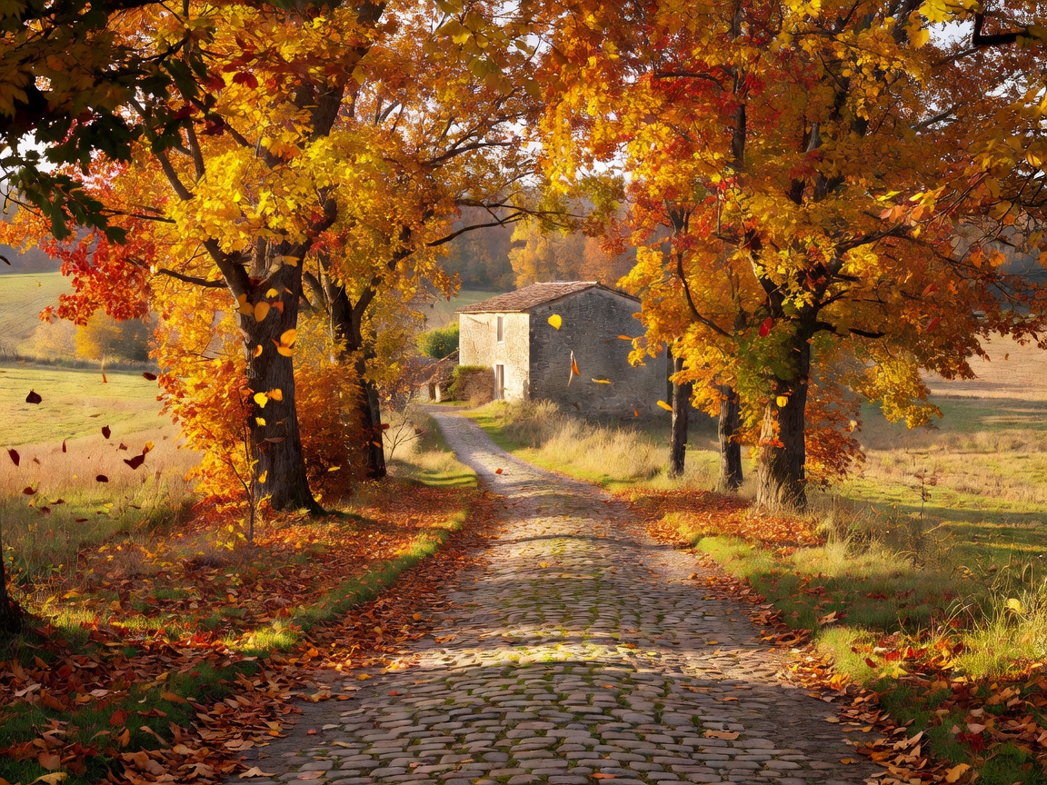 A narrow countryside lane in France lined with trees showing autumn colour, leading toward a distant farmhouse