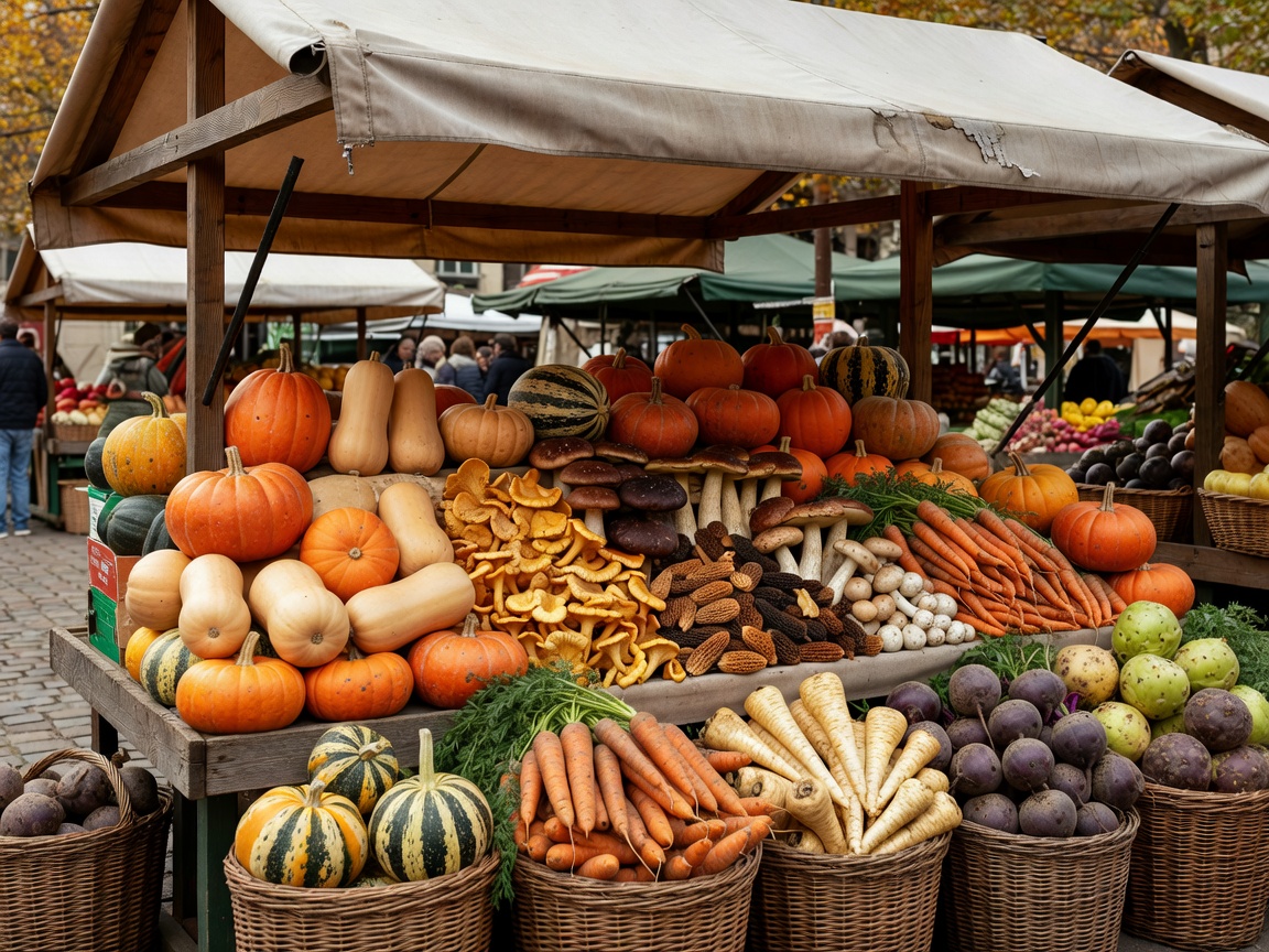 A French market stall arranged with squash, mushrooms and root vegetables under a canvas awning