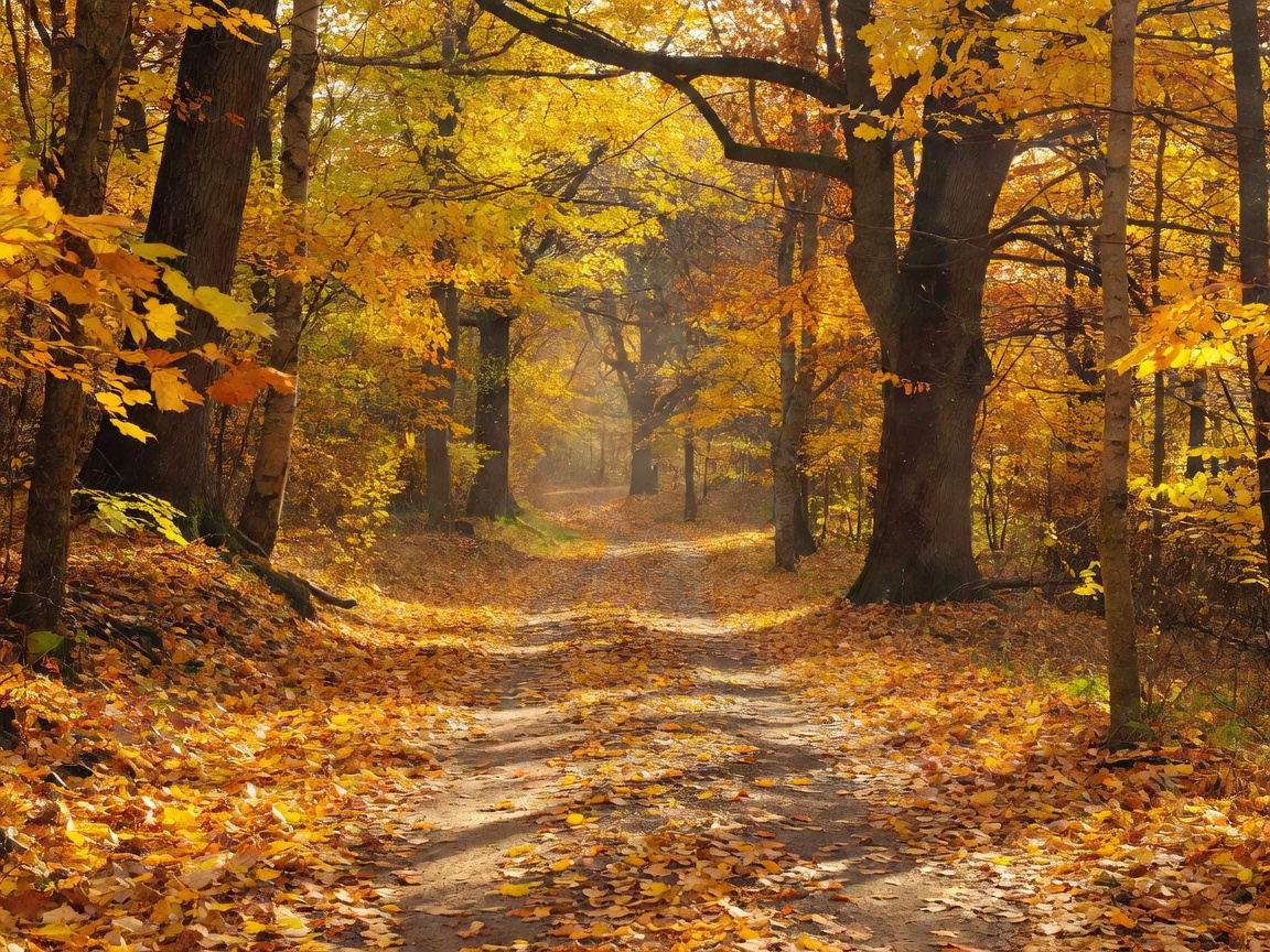 A forest path covered in fallen golden leaves with tall trees on either side