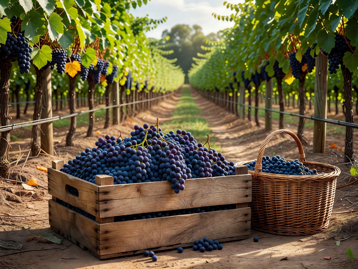 A wooden crate filled with freshly picked dark grapes sitting between vine rows during harvest