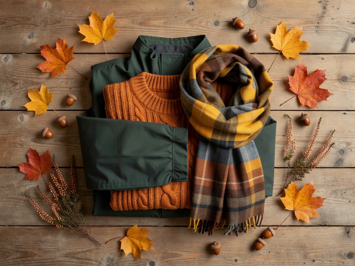 Folded travel clothing including a waterproof jacket, jumper and scarf laid out for an autumn trip