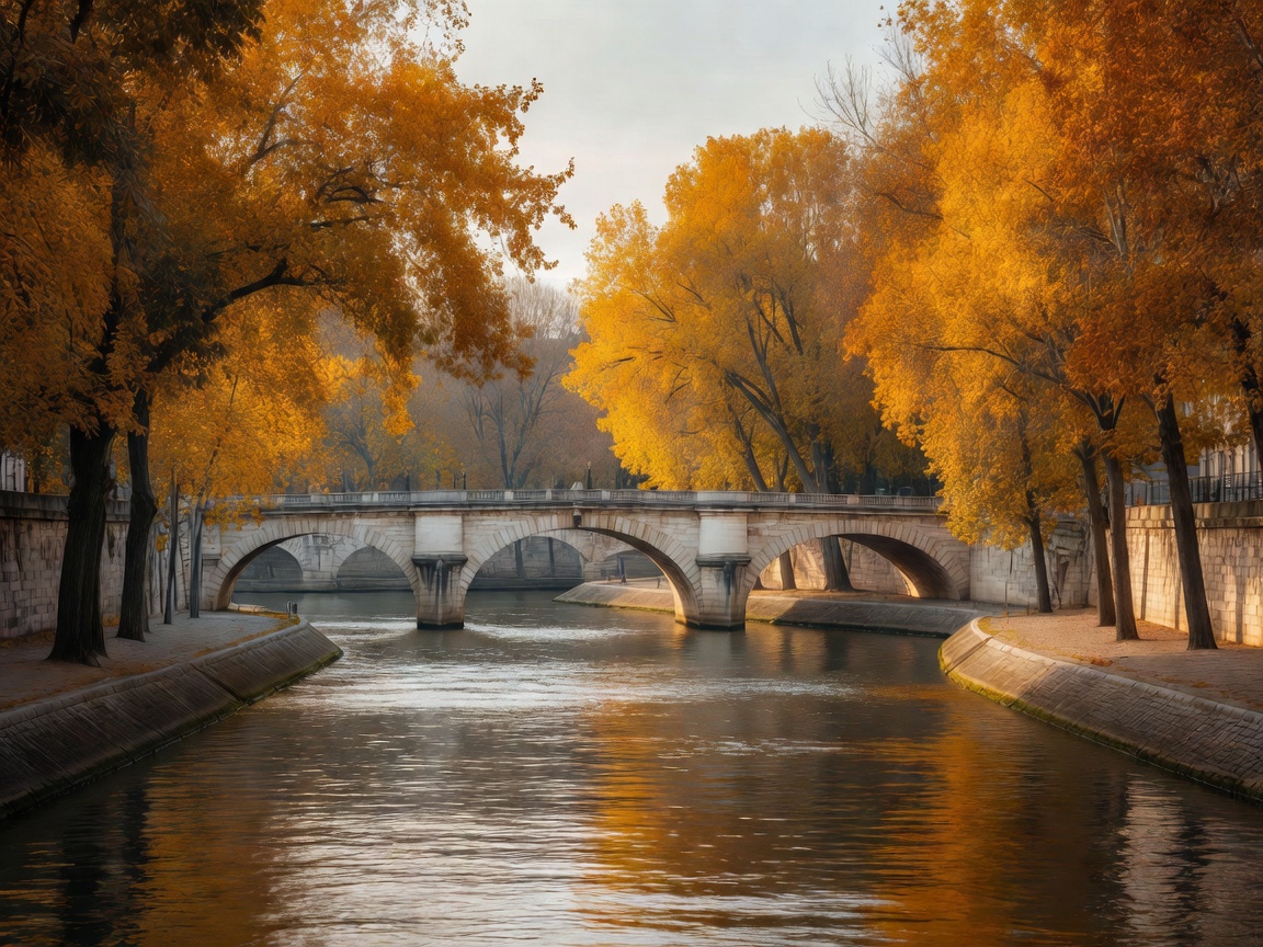 Trees turning golden along a river in a French city, with stone bridges in the background
