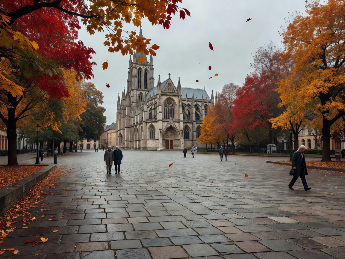 A cathedral square with only a few people walking across it, trees at the edges showing autumn colour