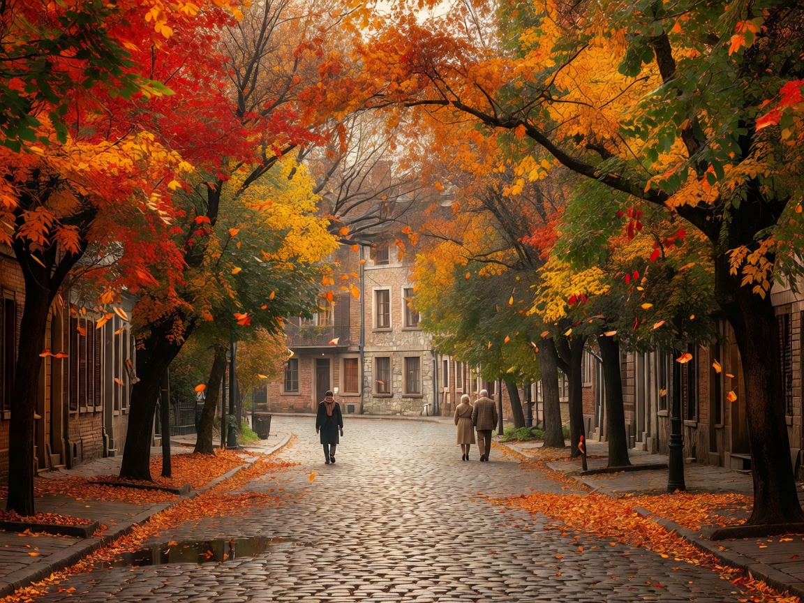 A quiet cobblestone street lined with autumn-coloured trees and few pedestrians