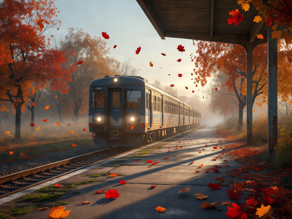 An outdoor train platform in early autumn morning light with a regional train arriving