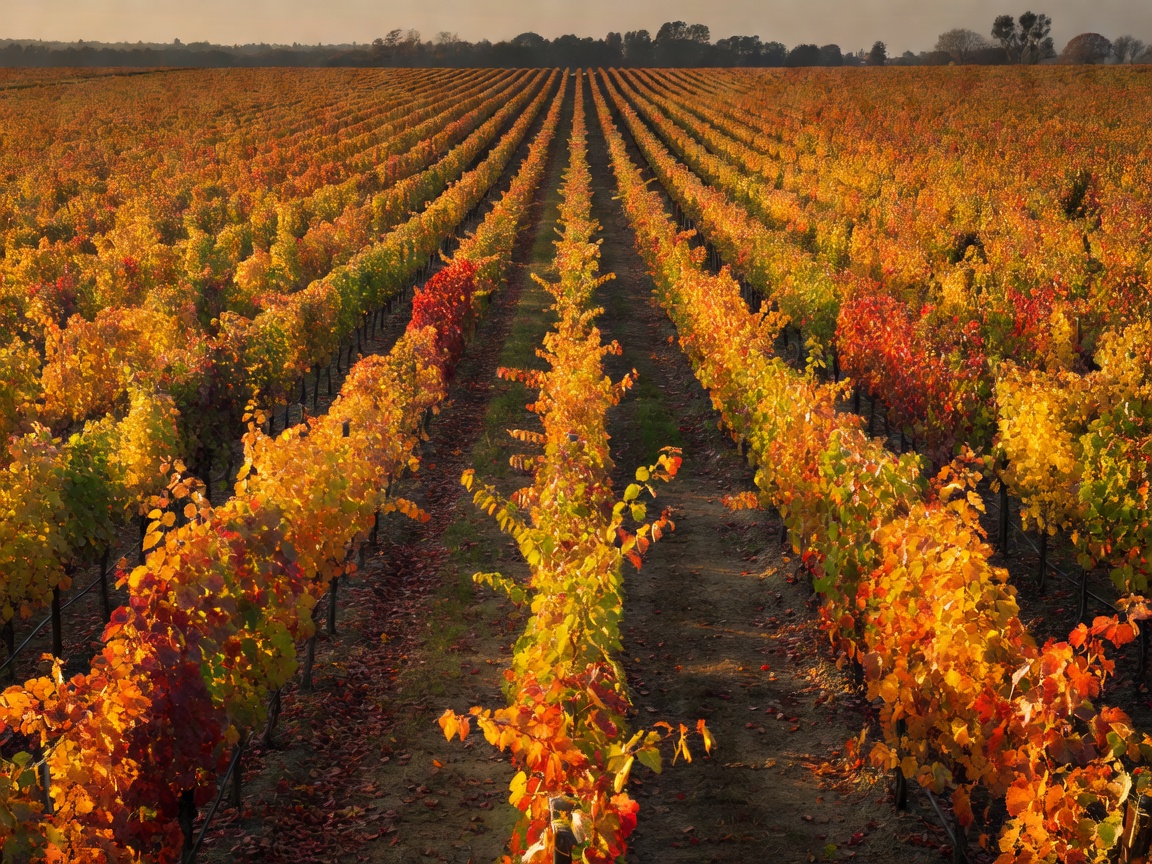 Rows of vineyard vines with leaves turning colour, stretching toward a distant tree line